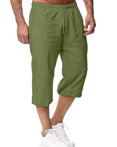 LVCBL Herren 3/4 Shorts Leinen mit Kordelzug Home Wear Armee Grün M von LVCBL