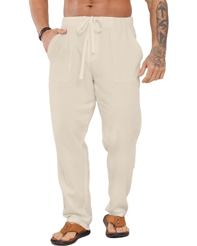 LVCBL Herren Baumwoll Leinen Losehose mit Kordelzug Sommer Strandhose Khaki M von LVCBL