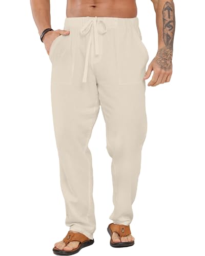 LVCBL Herren Stoffhose Leinenhose mit Kordelzug Sommer Strandhose Khaki M von LVCBL