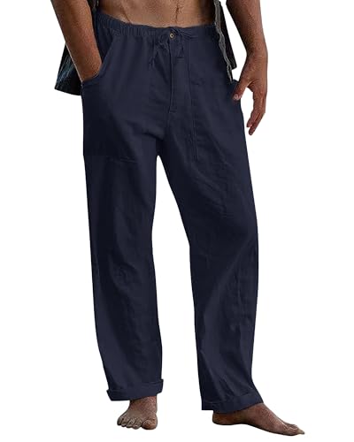 LVCBL Herren Leinen Losehose mit Kordelzug Sommer-Strandhose Marine M von LVCBL