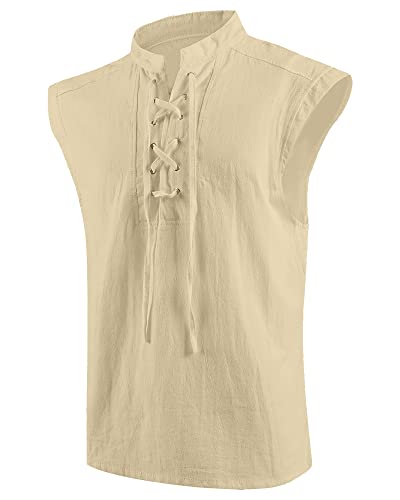 LVCBL Herren Baumwoll Leinen Tank Top Hemden lässig ärmellose Schnürung Strand Hippie Tops Böhmische Renaissance Piraten Tunika Khaki L von LVCBL