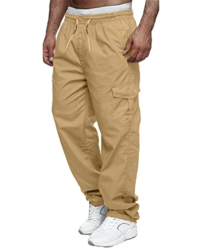 LVCBL Herren Baumwolle Cargo Freizeithose Elastische Hosen Alle Taillengrößen Khaki L von LVCBL