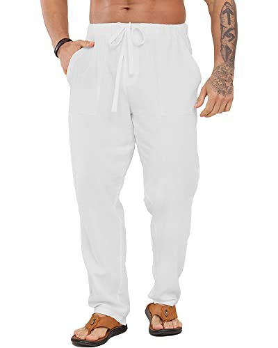 LVCBL Herren Baumwolle Leinen Hose Strandhose für Herren Elastische Taille Leinen Hose, Weiss/opulenter Garten, 3XL von LVCBL