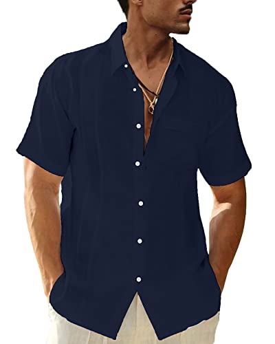 LVCBL Herren Baumwolle Leinenhemd Herren Hemd Kurzarm Regular Fit Freizeithemd Shirts Marine L von LVCBL