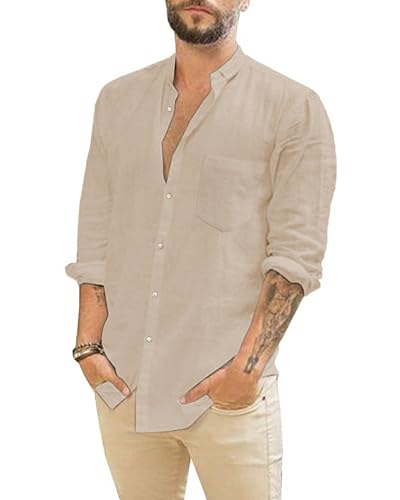 LVCBL Business Freizeithemd Herren Langarm Leinen Comfort Fit Klassisch Hemd Männer Khaki L von LVCBL