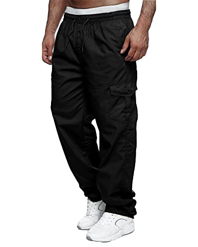 LVCBL Herren Cargo Jogging Hose Lange Regular Fit Sporthose mit Kordelzug Elastischer Bund Schwarz M von LVCBL