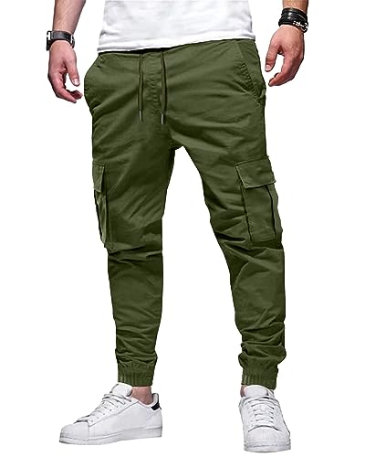 LVCBL Herren Cargohose Lang Baumwolle Freizeithose Outdoorhose Loose Fit Sweathosen Mit Tasche Armee grün M von LVCBL