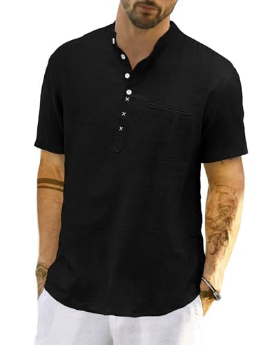 LVCBL Hemd Schwarz Herren Leinen Kurzarm Henley Hemd Sommer Leicht Banded Collar Strand Tops Schwarz L von LVCBL