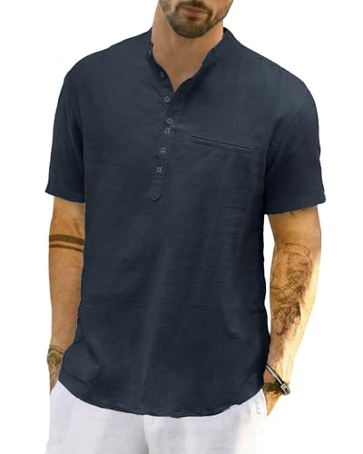 LVCBL Hemd Herren Kurzarm Leinen Kurzarm Henley Hemd Sommer Leicht Banded Kragen Strand Tops Marine 3XL von LVCBL