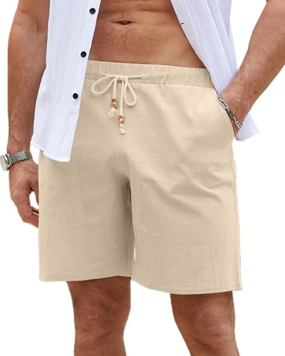 LVCBL Herren Casual Leinen Shorts Sommer Beach Kurze Hosen mit Elastische Taille Khaki L von LVCBL