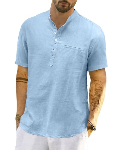 LVCBL Herren Hemd Kurzarm Freizeithemd Sommer Einfarbig Basic Shirt for Männer Blau L von LVCBL