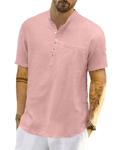 LVCBL Herren Hemd Kurzarm Freizeithemd Sommer Einfarbig Basic Shirt for Männer Rosa 3XL von LVCBL