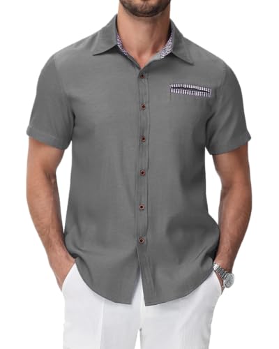 LVCBL Herren Hemd Kurzarm Trachtenhemd Jeanshemd Hemden Karierter Kragen Karohemd Kurzarm Freizeit Hemden Rockabilly Grau 3XL von LVCBL
