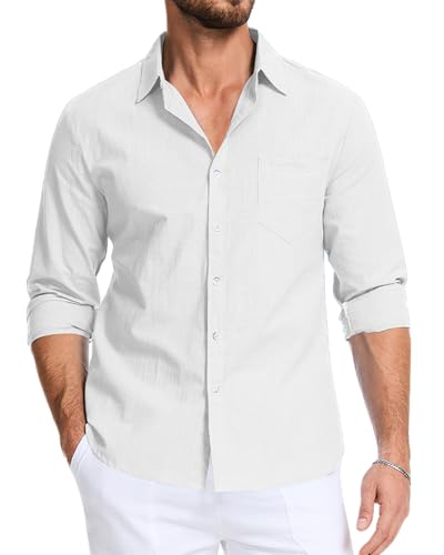 LVCBL Herren Hemd Leinenhemd Button Down Langarm Sommer Strandhemd Weiß XL von LVCBL
