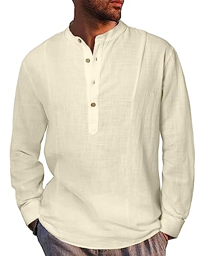 LVCBL Herren Hemd Leinenhemd Langarm Freizeithemd Regular Fit Sommerhemd Button Down Shirt Beige M von LVCBL