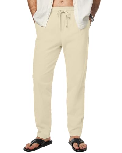 LVCBL Herren Hose Sommer Leinenhose Leichte Loose Fit Männer Hosen mit Gummizug Khaki M von LVCBL