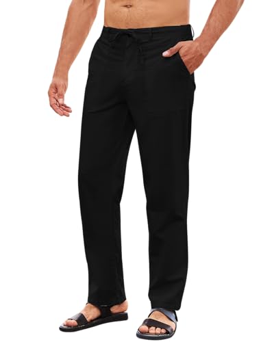 LVCBL Herren Hosen Lang Leinen Baumwolle Freizeithose mit Taschen Sommerhose Schwarz 3XL von LVCBL