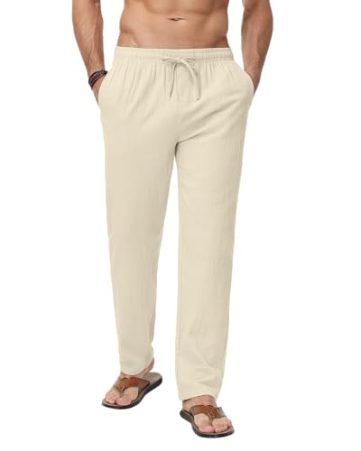 LVCBL Herren Hosen Lang Leinenhose Dünne Hose Leichte Sommerhose Freizeithose Khaki L von LVCBL