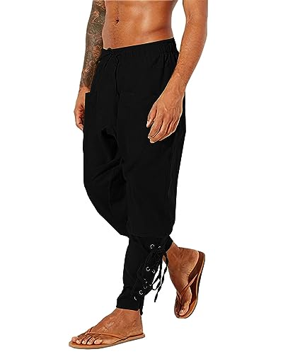 LVCBL Herren-Hosen Leinenhose Mittelalter Piratenhose Cosplay Kostüm Schnürhose Schwarz 3XL von LVCBL