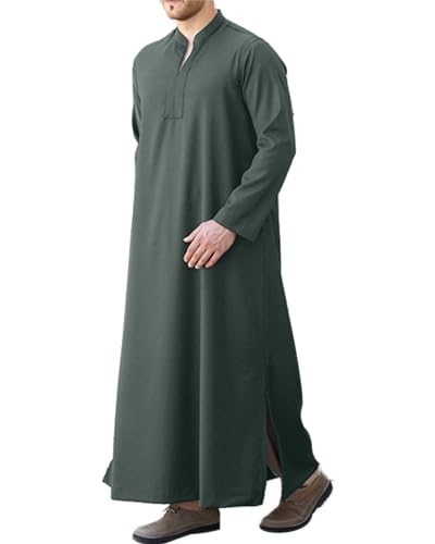 LVCBL Herren Kaftan Nachthemd Knopf Herren V-Ausschnitt Loungewear Bademäntel Langarm Robe Tunika Hemd mit Kapuze Grau L von LVCBL