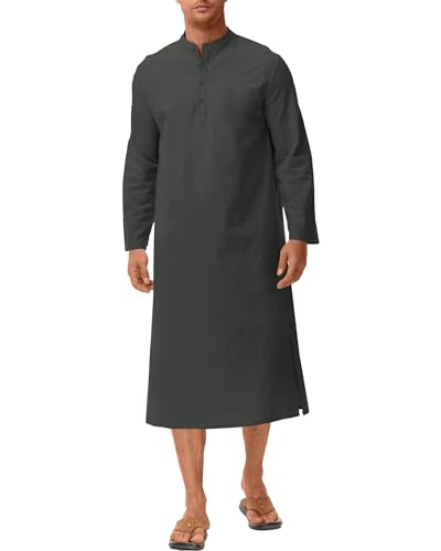 LVCBL Herren Kaftan Nachthemd Knopf Herren V-Ausschnitt Loungewear Bademäntel Langarm Robe Tunika Hemd mit Kapuze Grau M von LVCBL