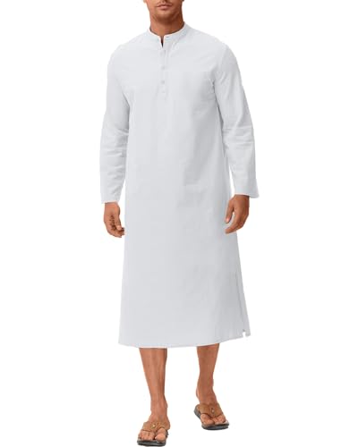 LVCBL Herren Kaftan Nachthemd Knopf Herren V-Ausschnitt Loungewear Bademäntel Langarm Robe Tunika Hemd mit Kapuze Weiß 2XL von LVCBL