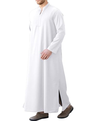 LVCBL Herren Kaftan Nachthemd Knopf Herren V-Ausschnitt Loungewear Bademäntel Langarm Robe Tunika Hemd mit Kapuze Weiß 3XL von LVCBL