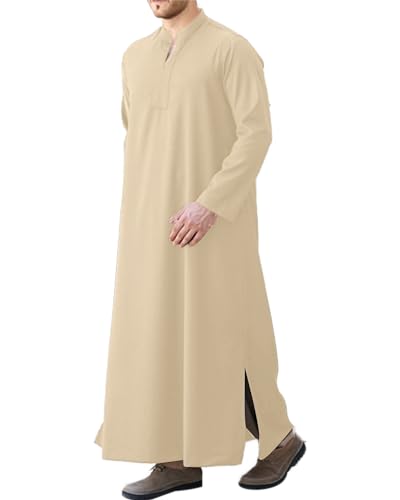 LVCBL Herren Kaftan V-Ausschnitt Baumwolle Leinen Robe Seite Split Langarm Herren Thobe mit Taschen Khaki M von LVCBL