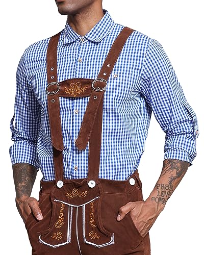 LVCBL Herren Kariert Oktoberfest Langarm Freizeithemd Karohemden Cargo Hemd mit Baumwolle Slim fit für Männer Blau M von LVCBL