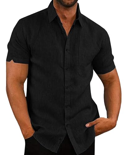 LVCBL Herren Kurzarm Leinenhemd Sommer Leinenshirt Freizeithemd Regular Fit mit Brusttasche Schwarz 2XL von LVCBL