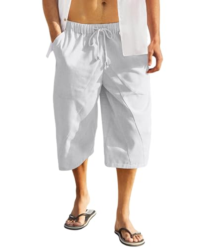 LVCBL Herren Kurze 3/4 Hose Sommer Leinen Shorts Yoga Jogger Casual Sweatpants Weiß L von LVCBL