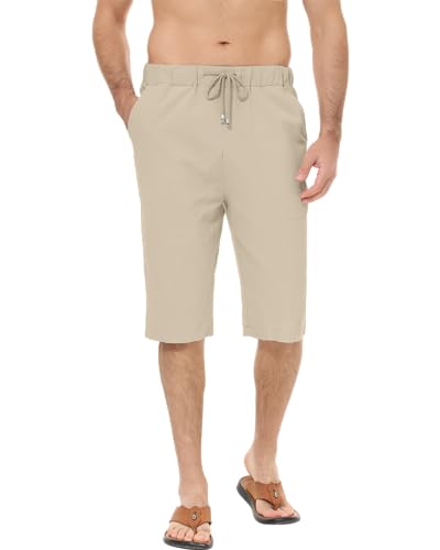 LVCBL Herren Kurze Baumwolle Leinenhose 3/4 Shorts Sommer Strandhose mit Tunnelzug Kahki L von LVCBL