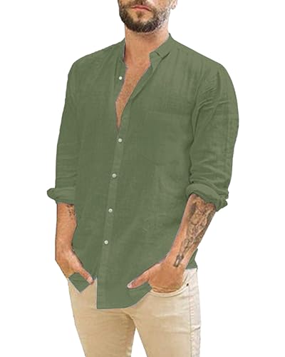 LVCBL Herren Langarm Sommerhemd Herren Freizeithemd Einfarbig Kragenloses Shirt Armeegrün 3XL von LVCBL