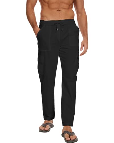 LVCBL Herren Lange Hose Baumwolle Leinenhose Lässige Strandhosen Schwarz L von LVCBL