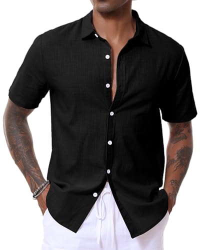 LVCBL Herren Leinen Kurzarm Hemd Strandhemden Tägliche Freizeit Shirts Schwarz 2XL LVCBL Herren Leinen Kurzarm Hemd Strandhemden Tägliche Freizeit Shirts Schwarz 2XL von LVCBL