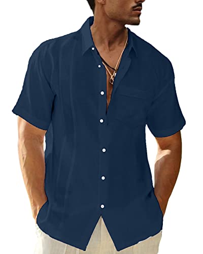 LVCBL Herren Leinen Kurzarmhemd Sommer Herrenhemden Revershemd Herren Meeresblau 2XL von LVCBL