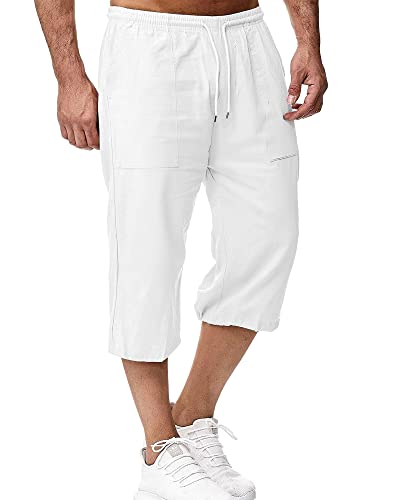 LVCBL Herren Leinen Shorts Männer Casual Capri Hose Sommer Strand Yoga Shorts mit Taschen, Weiss/opulenter Garten, XL von LVCBL