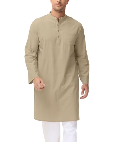 LVCBL Herren Leinen Thobe Kaftan Herren Langarm Männer Muslimische Robe Khaki XL von LVCBL