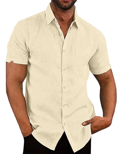 LVCBL Herren Leinenhemd Button Down Kurzarm Hemd Herren Sommerhemd mit Brusttasche Khaki 2XL von LVCBL