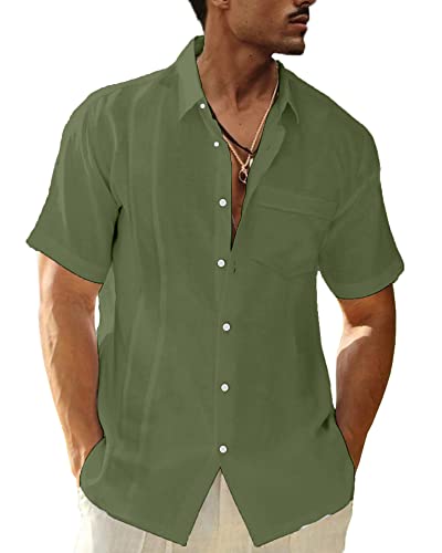 LVCBL Herren Leinenhemd Kurzarm Sommerhemd Herren Freizeithemd mit Brusttasche Regular Fit Herren Hemden, armee-grün, XL von LVCBL