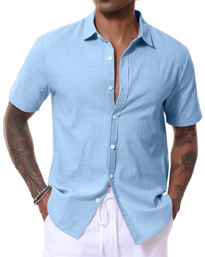 LVCBL Herren Leinenhemd Kurzarm Sommerhemd Regular Fit Freizeithemd Blau M von LVCBL