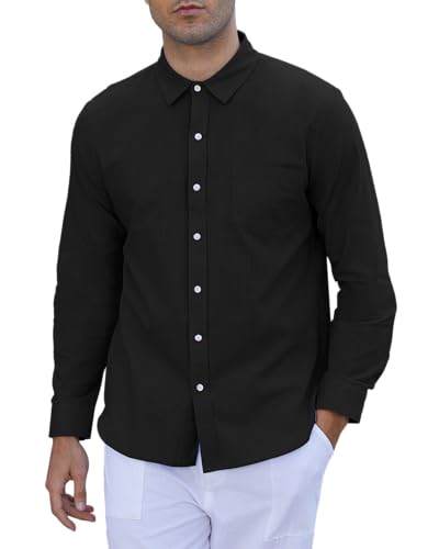 LVCBL Herren Leinenhemd Langarm Hemden Button Down Shirts Freizeithemd Schwarz 3XL von LVCBL