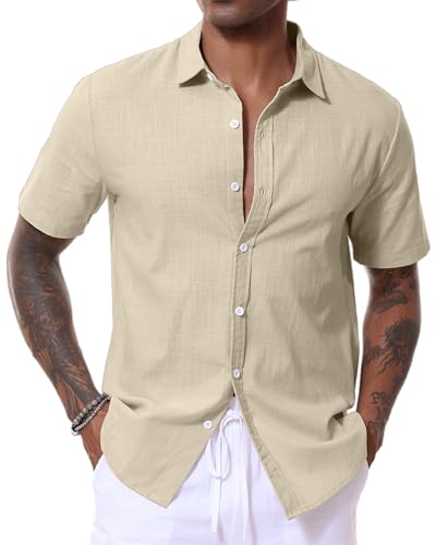 LVCBL Herren Leinenhemden Kurzarm Casual Baumwolle Button Down Shirt Sommer Strand Tops Regular Fit, khaki, L von LVCBL