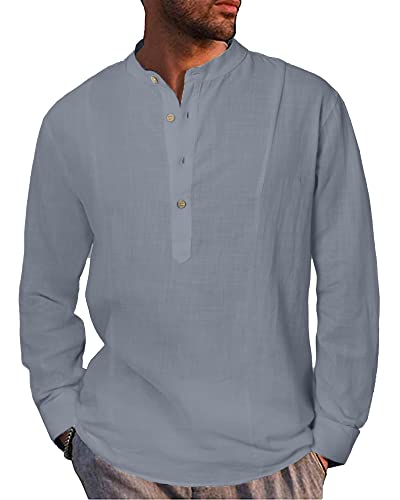 LVCBL Herren-Leinenhemd, langärmelig, lässig, Button-Down-Henley-Shirt, Sommer, lockere Passform, grau, 3XL von LVCBL
