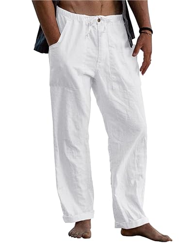 LVCBL Herren Leinenhose Casual Kordelzug Sommer Strand Hose Heimat Weiß L von LVCBL