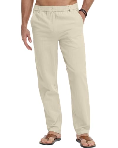 LVCBL Herren Leinenhose Einfarbiges Lang Leicht Sommerhose Loose Fit Freizeithose Khaki M von LVCBL