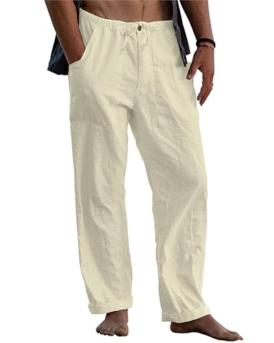 LVCBL Herren Leinenhose Einfarbiges Lang Leicht Sommerhose mit Kordelzug für Urlaub Strand Alltag Beige 3XL von LVCBL