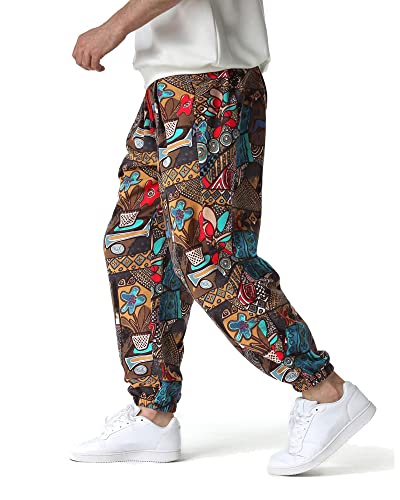 LVCBL Herren Leinenhose Fancy Print Casual Sommerhose Elastische Taille Kordelzug Hose mit Taschen M-3XL, mehrfarbig, 34-37 von LVCBL