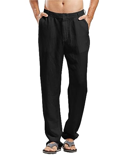 LVCBL Herren Leinenhose Freizeithose Männer Sommerhose Herren mit Taschen Elastischer Bund Schwarz XL von LVCBL