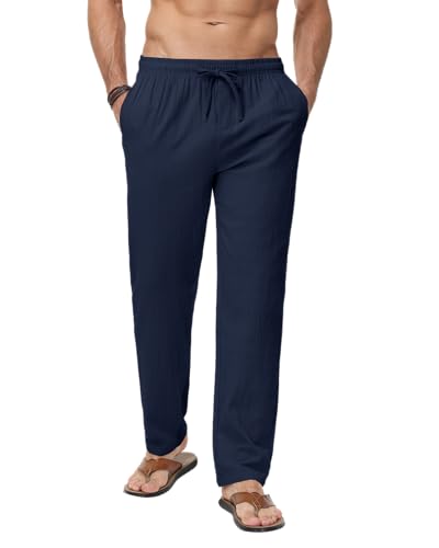 LVCBL Herren Leinenhose Herren Lang Sommerhose Weit Leicht Loose Fit Strandhose Marine 2XL von LVCBL